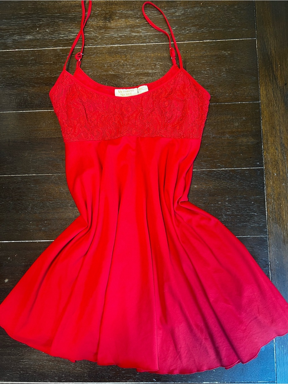 Vintage Gold Label 1990s Victoria's Secret Red Lace Satin Chemise (Slip Dress).